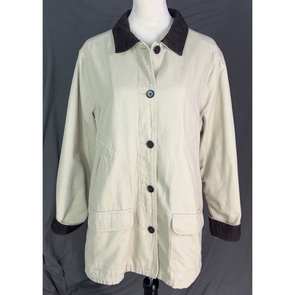 Lands End Women’s L Chore Coat Barn Beige Brown Corduroy Plaid Flannel Lining